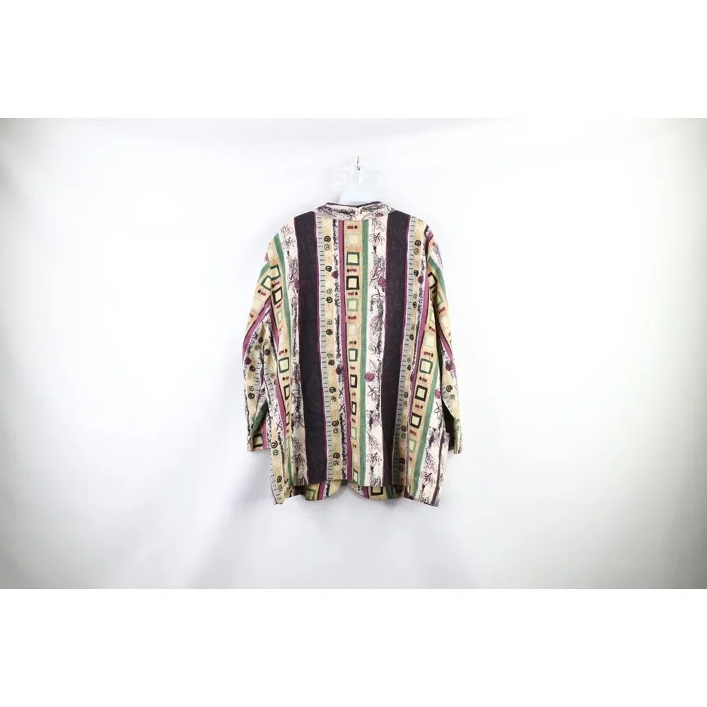 Vintage 90s Lagenlook 2XL Flax Linen Blend Abstract Button Blazer Jacket USA - Picture 7 of 9